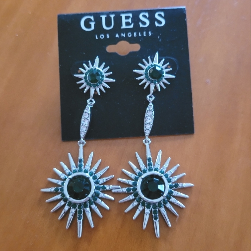 Guess 90's Silver Black and Green Crystal Drop Statement Earrings